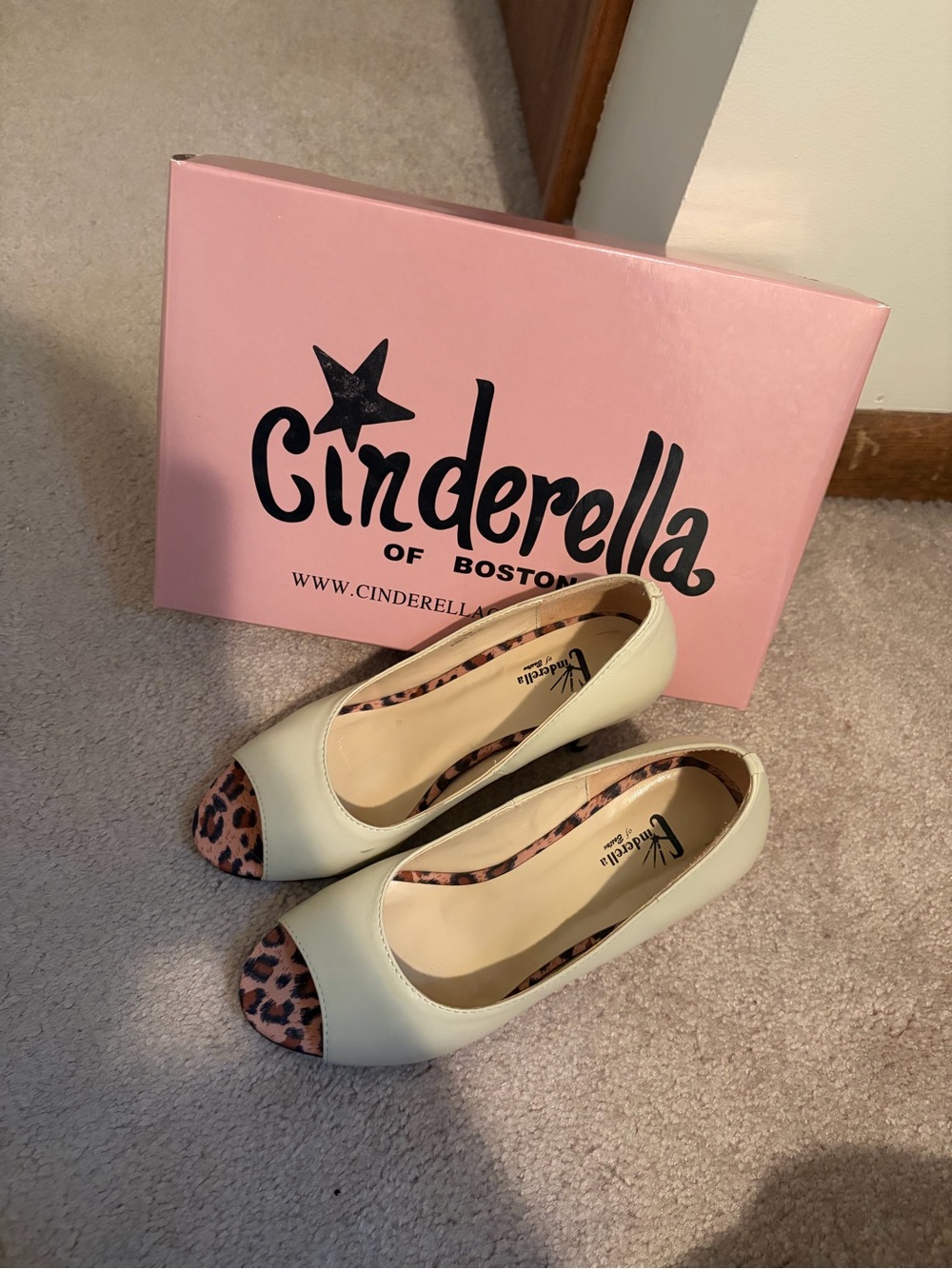 Cinderella Cream Peep-Toe Heels with Leopard Accent
